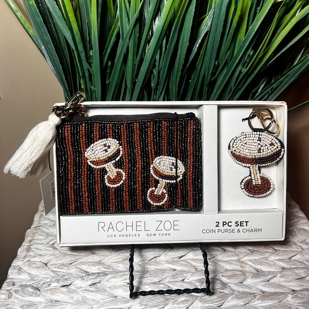 Rachel Zoe beaded coin purse & charm set Espresso brown martini O/S cocktail